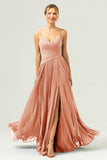 A Line Spaghetti Straps Pleated Chiffon Long Bridesmaid Dress with Slit