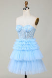 Trendy Blue A Line Sweetheart Tiered Short Homecoming Dress with Ruffles