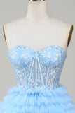 Trendy Blue A Line Sweetheart Tiered Short Homecoming Dress with Ruffles