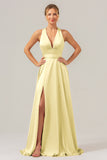 Daffodil A Line Deep V Neck Lace Up Back Long Satin Bridesmaid Dress with Slit