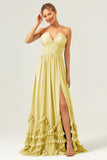 A Line Halter Lace Up Back Chiffon Long Bridesmaid Dress with Slit