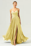 A Line Spaghetti Straps Pleated Chiffon Long Bridesmaid Dress with Slit