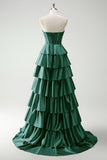 Green Princess Sweetheart Satin Tiered Corset Long Prom Dress with Slit