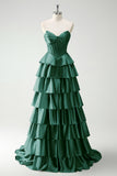 Green Princess Sweetheart Satin Tiered Corset Long Prom Dress with Slit