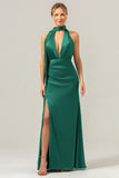 Peacock Sheath Deep V Neck Open Back Long Satin Bridesmaid Dress with Streamer