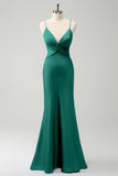 Dark Green Mermaid Front Criss Cross Ruched Long Bridesmaid Dress