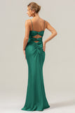 Daffodil Mermaid Spaghetti Straps Front Pleated Long Bridesmaid Dress