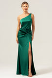 Dark Green Elegant Mermaid One Shoulder Pleated Backless Bridesmaid Dress with Slit