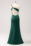 Elegant Olive Mermaid One Shoulder Pleated Backless Bridesmaid Dress with Slit