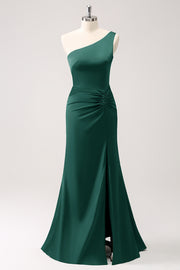 Elegant Mermaid One Shoulder Pleated Backless Bridesmaid Dress with Slit