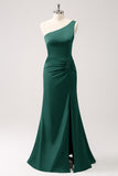 Elegant Olive Mermaid One Shoulder Pleated Backless Bridesmaid Dress with Slit