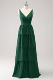 Dark Green A Line V Neck Tiered Ruched Long Bridesmaid Dress