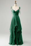 A Line Spaghetti Straps Chiffon Long Eucalyptus Bridesmaid Dress with Ruffles