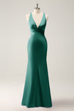 Mermaid Deep V Neck Pleated Backless Bridesmaid Dress with Lace Up Back