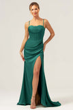 Martini Mermaid Cowl Neckline Ruched Corset Long Satin Bridesmaid Dress with Slit