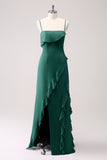 Sheath Spaghetti Straps Ruffle Long Bridesmaid Dress with Slit