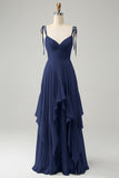 A Line Spaghetti Straps Chiffon Long Eucalyptus Bridesmaid Dress with Ruffles