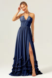 A Line Halter Lace Up Back Chiffon Long Bridesmaid Dress with Slit