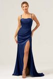 Martini Mermaid Cowl Neckline Ruched Corset Long Satin Bridesmaid Dress with Slit