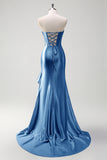 Sparkly Grey Blue Mermaid Strapless Corset Sequin Long Prom Dress with Ruffle Slit