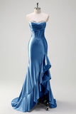 Sparkly Grey Blue Mermaid Strapless Corset Sequin Long Prom Dress with Ruffle Slit