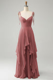 A Line Spaghetti Straps Chiffon Long Eucalyptus Bridesmaid Dress with Ruffles