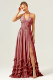 A Line Halter Lace Up Back Chiffon Long Bridesmaid Dress with Slit