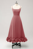 A Line Spaghetti Straps Ruched Long Bridesmaid Dress