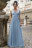 Ink Blue A Line V Neck Pleated Backless Chiffon Maxi Dress with Lace Up Back