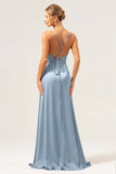 Dark Navy A Line Cowl Neck Long Satin Bridesmaid Dress with Slit