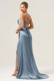 Martini Mermaid Cowl Neckline Ruched Corset Long Satin Bridesmaid Dress with Slit