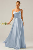 Dusty Blue A-Line Cowl Neck Spaghetti Straps Bridesmaid Dress With Sequins