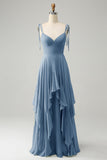 A Line Spaghetti Straps Chiffon Long Eucalyptus Bridesmaid Dress with Ruffles