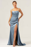 Martini Mermaid Cowl Neckline Ruched Corset Long Satin Bridesmaid Dress with Slit