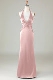 Blushing Pink Mermaid Halter V Neck Open Back Satin Ruched Long Bridesmaid Dress