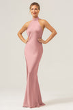 Dark Green Sheath High Neck Halter Backless Long Satin Bridesmaid Dress with Slit