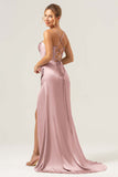 Martini Mermaid Cowl Neckline Ruched Corset Long Satin Bridesmaid Dress with Slit