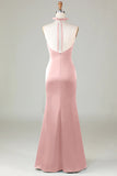 Blushing Pink Mermaid Halter V Neck Open Back Satin Ruched Long Bridesmaid Dress