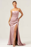 Martini Mermaid Cowl Neckline Ruched Corset Long Satin Bridesmaid Dress with Slit