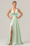 Daffodil A Line Deep V Neck Lace Up Back Long Satin Bridesmaid Dress with Slit