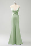 Elegant Dark Green Mermaid Front Criss Cross Pleated Long Bridesmaid Dress