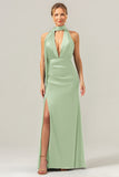 Peacock Sheath Deep V Neck Open Back Long Satin Bridesmaid Dress with Streamer