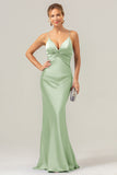 Daffodil Mermaid Spaghetti Straps Front Pleated Long Bridesmaid Dress