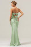 Daffodil Mermaid Spaghetti Straps Front Pleated Long Bridesmaid Dress