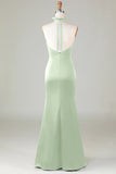 Blushing Pink Mermaid Halter V Neck Open Back Satin Ruched Long Bridesmaid Dress