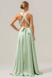 Daffodil A Line Deep V Neck Lace Up Back Long Satin Bridesmaid Dress with Slit