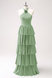 Dark Green A Line Halter Tiered Chiffon Long Bridesmaid Dress with Flower