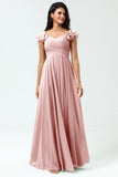 Lace-Up Back Cross A Line Chiffon Bridesmaid Dress with Ruffles