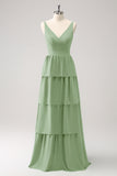 Dark Green A Line V Neck Tiered Ruched Long Bridesmaid Dress