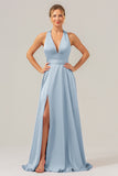 Daffodil A Line Deep V Neck Lace Up Back Long Satin Bridesmaid Dress with Slit